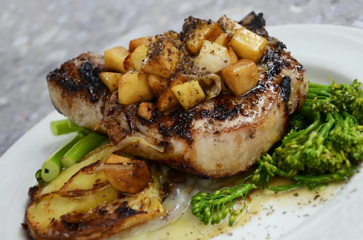 Grilled seasonal main course with roasted vegetables