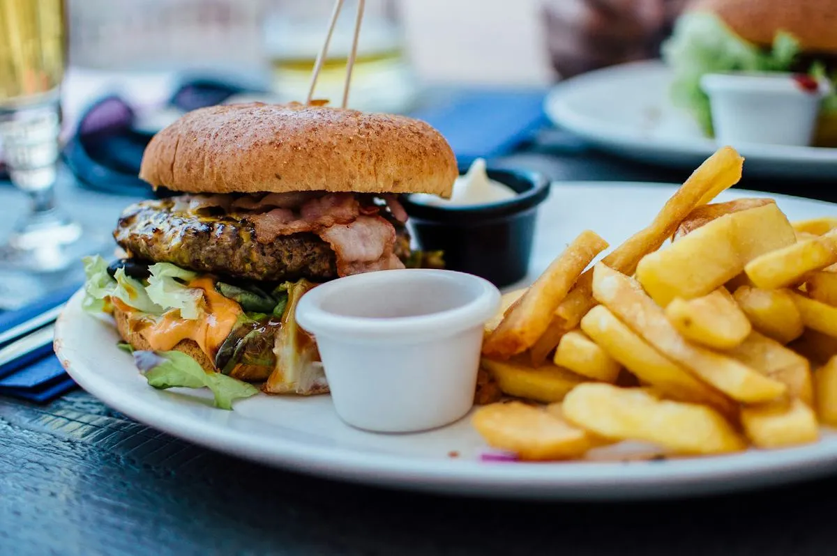 Fresh gourmet burger served with fries