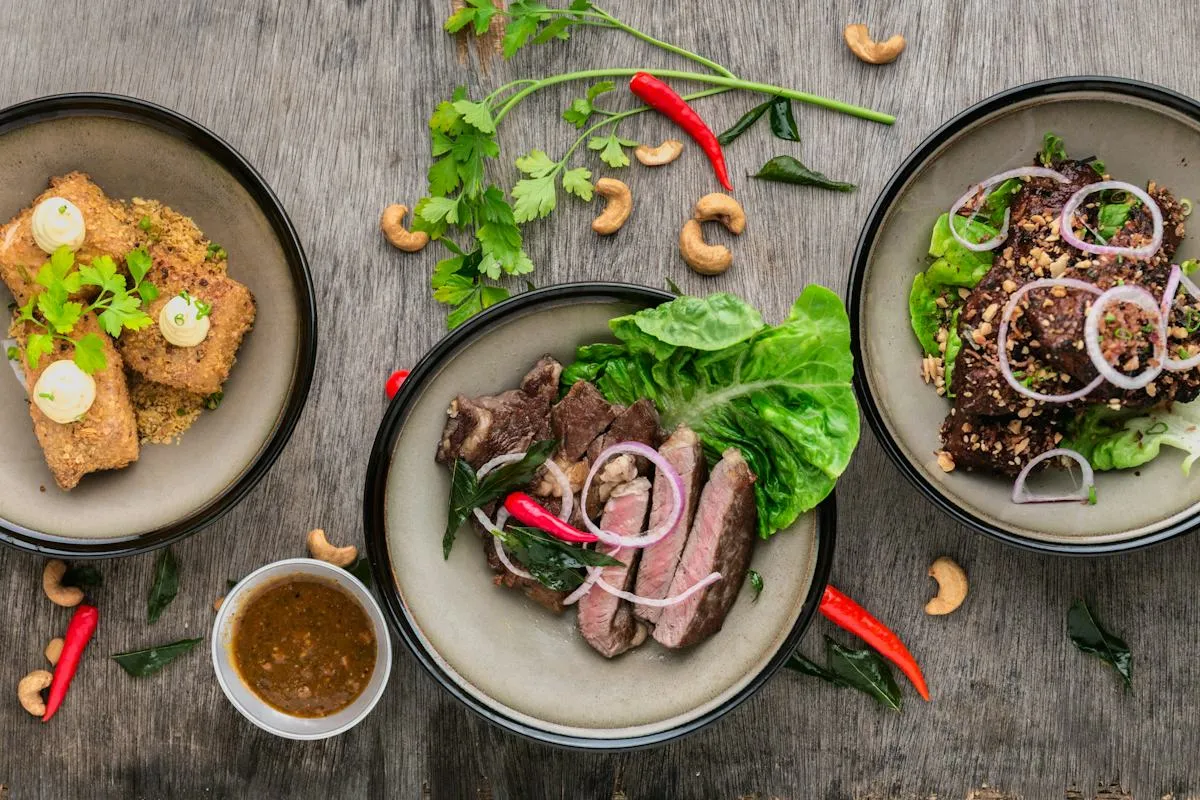 Selection of creative restaurant dishes plated for sharing